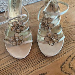 A. Marinella Gold Floral Strappy Heels